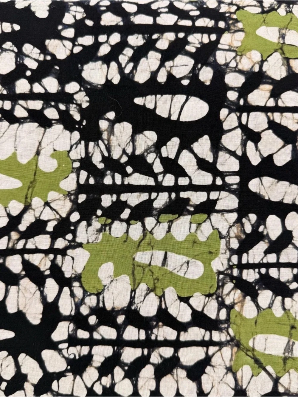 Hand Blocked Black, White & Olive Green Batik Cotton Cambric Fabric. 44” wide.